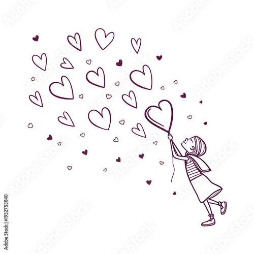 Vector illustration of a girl releasing heart balloons