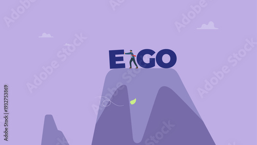 Businessman change EGO to GO text on top mountain. Motivation, achievement and goal concept.