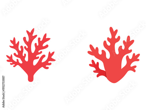 Two red coral reef silhouettes with multiple branches and stems on white background  marine life icons