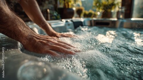 Close-up of a man's hands resting on the edge of a bubbling hot tub in a sunlit outdoor spa setting