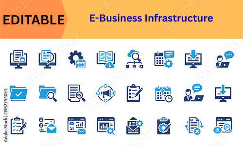 E-commerce infrastructure and modern business UI icon collection. Online transactions, database management, virtual office, communication and network