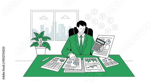 Businessman working on finances at desk with calculator and reports