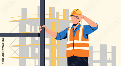 Construction Worker in Hard Hat and Vest Saluting at Building Site