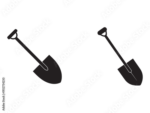 Two shovels with long handles and curved blades for digging and scooping soil and other materials in various industries and activities  landscaping gardening construction