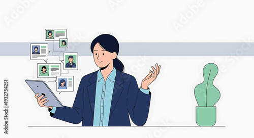 Businesswoman reviewing candidate profiles on tablet, HR process, recruitment concept