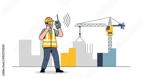 Construction worker with radio at building site with crane