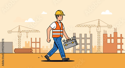Construction worker with toolbox walking at building site, safety helmet and vest