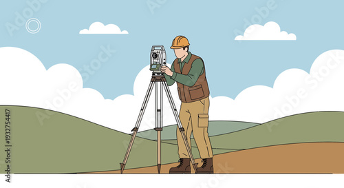 Surveyor using total station device on tripod for land measurement outdoors