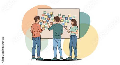 Team collaborating on a project using sticky notes on a board