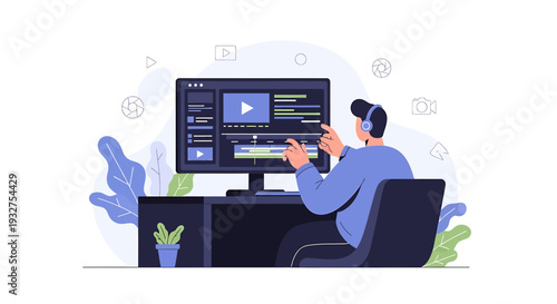 Video editor working on computer with editing software and headphones