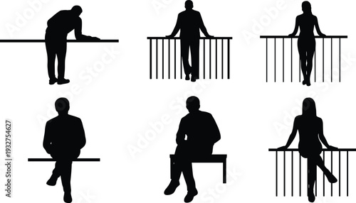 Collection of men and women silhouette figures leaning on railing and sitting on bench isolated on white background vector illustration set