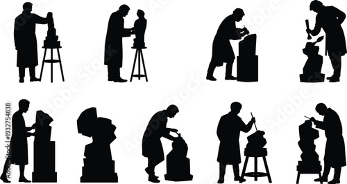 Sculptor artist silhouette collection carving stone statue with hammer and chisel isolated on white background black vector illustration set for design
