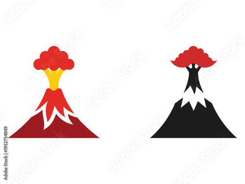 Two volcanoes erupting with red smoke and ash clouds  one red and yellow and one black and white