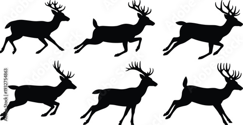 Running deer silhouettes collection isolated on white background black and white stag wildlife illustration set in dynamic motion poses
