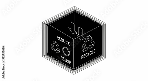 Recycling symbol and words reduce reuse on black cube in isometric view