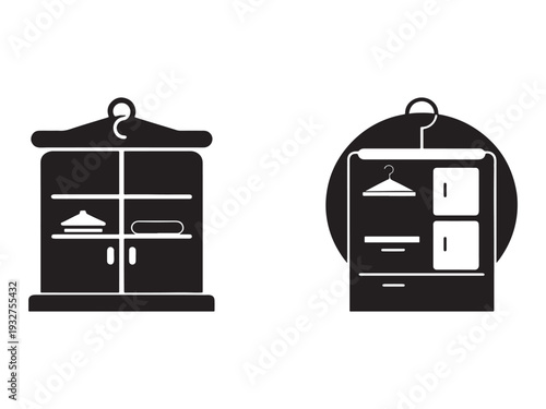 Wardrobe icons with hangers and shelves for clothes and accessories  modern furniture design elements