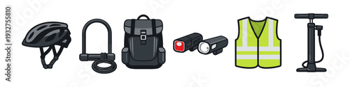 Essential cycling safety and security gear laid out in a row for easy viewing