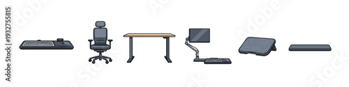 Modern ergonomic office setup with adjustable desk and accessories for productivity