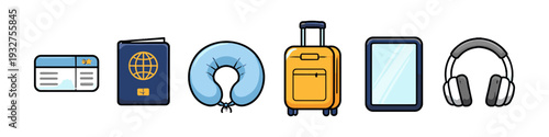 Collection of travel essentials including a passport, neck pillow, suitcase, tablet, and headphones