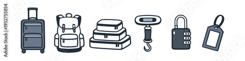 Collection of travel accessories including luggage, backpack, scale, lock, and tag