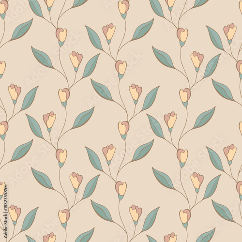 Spring floral print featuring fine lines and soft pastel palette. Minimalistic linear designs, used for textiles, wallpaper, or graphic design, feature beige background, muted pink and yellow flowers,
