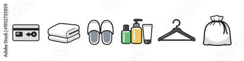 Hotel amenities icons: credit card, towels, slippers, toiletries, hanger, and laundry bag