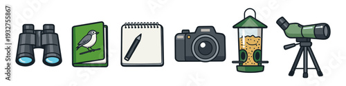 Birdwatching equipment collection: binoculars, notebook, camera, feeder, and spotting scope