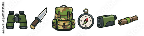 Outdoor adventure gear collection: binoculars, knife, backpack, compass, rangefinder, and duck call
