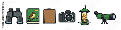 Birdwatching equipment collection: binoculars, notebook, camera, feeder, and telescope
