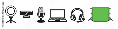 Set of icons for streaming and content creation, including ring light, webcam, microphone, laptop, headphones, and green screen