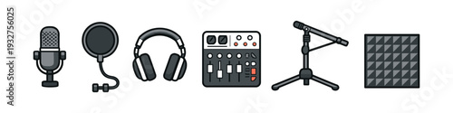 Collection of audio recording equipment icons for music production and podcasting