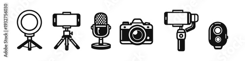Collection of icons representing modern content creation equipment for vlogging and streaming