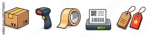 Collection of cartoon icons representing shipping and retail logistics elements
