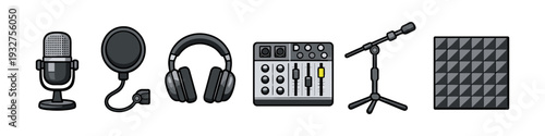 Collection of audio recording equipment including microphone, headphones, and mixer