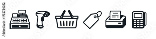 Set of retail and commerce icons including cash register, scanner, basket, tag, receipt printer, and POS terminal