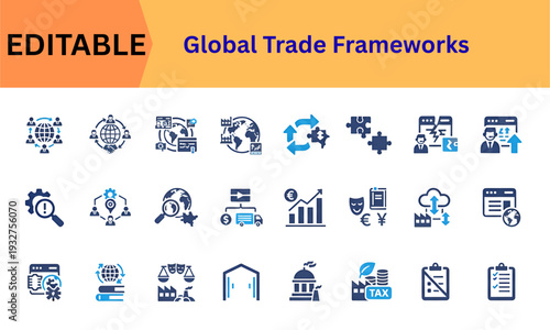 Modern global trade frameworks and international market commerce icons. Export management, investment banking, trade balance, corporate social responsibility, data