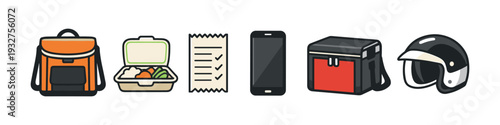 Food delivery service icons: backpack, meal box, receipt, phone, cooler, helmet