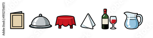 Restaurant service elements including menu, cloche, tablecloth, napkin, wine, and pitcher
