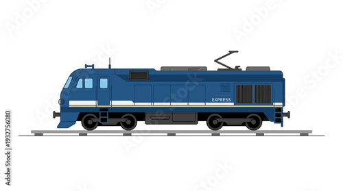 Blue electric express train locomotive on white background, side view