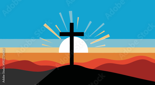 Easter Sunday Cross Sunrise Scene Flat Vector Illustration