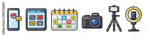 Social media content creation tools and planning icons for digital marketing strategy