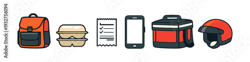 Food delivery service icons: backpack, food containers, receipt, phone, thermal bag, and helmet