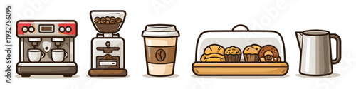 Collection of coffee shop essentials including espresso machine, grinder, cup, pastries, and pitcher