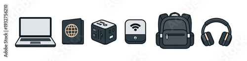 Collection of travel essentials including a laptop, passport, adapter, Wi-Fi hotspot, backpack, and headphones