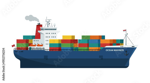 Cargo ship carrying colorful containers, isolated on white background, illustration