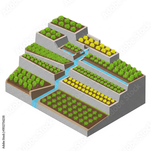 Terraced farm with irrigation system and crops.