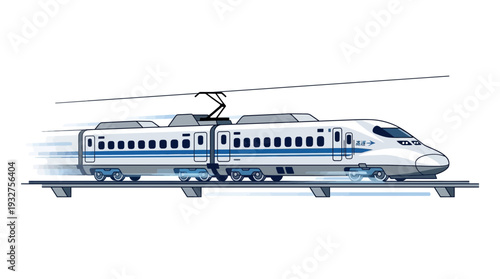 High-speed bullet train on tracks, motion blur, white background