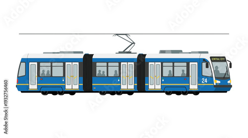 Modern blue articulated tram on white background