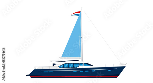 Modern Motor Yacht with Blue Sails and Dutch Flag