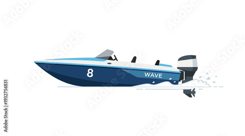 Speeding motorboat with number 8 on white background